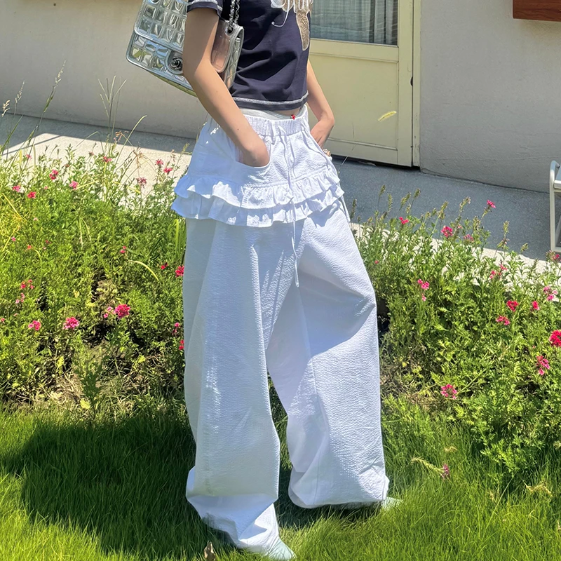 【RIMK】新品25春夏韩系泡泡肌理芭蕾假两件弯刀裤休闲屁帘阔腿裤女