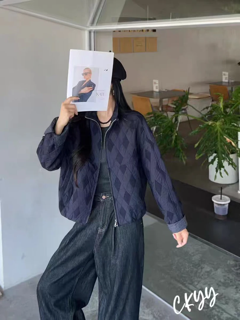 高端欧货秋冬新款高级感时尚百搭菱形格子立领拉链夹克外套女