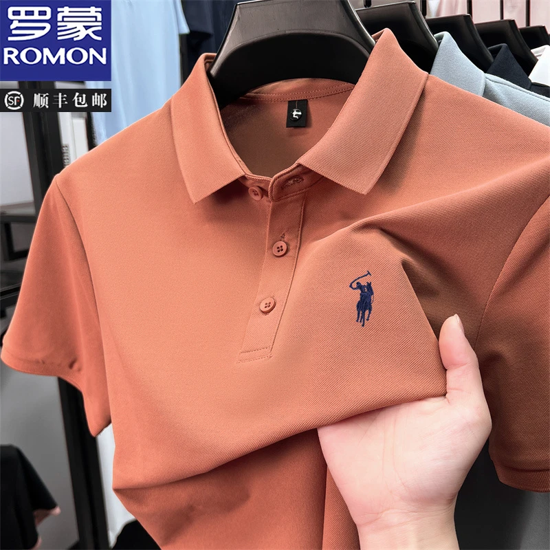 罗蒙夏季新款男士休闲翻领短袖POLO衫纯色简约时尚刺绣小马标T恤