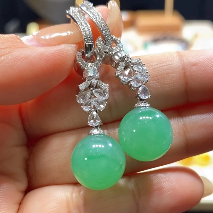 翡翠18K金镶嵌吊坠(不含链)翡翠冰阳绿珠耳环