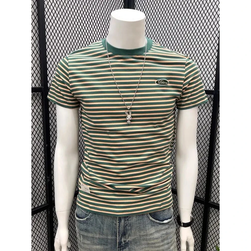 欧洲站绿色条纹短袖男修身2025夏季新款半袖T恤纯棉体恤圆领男士