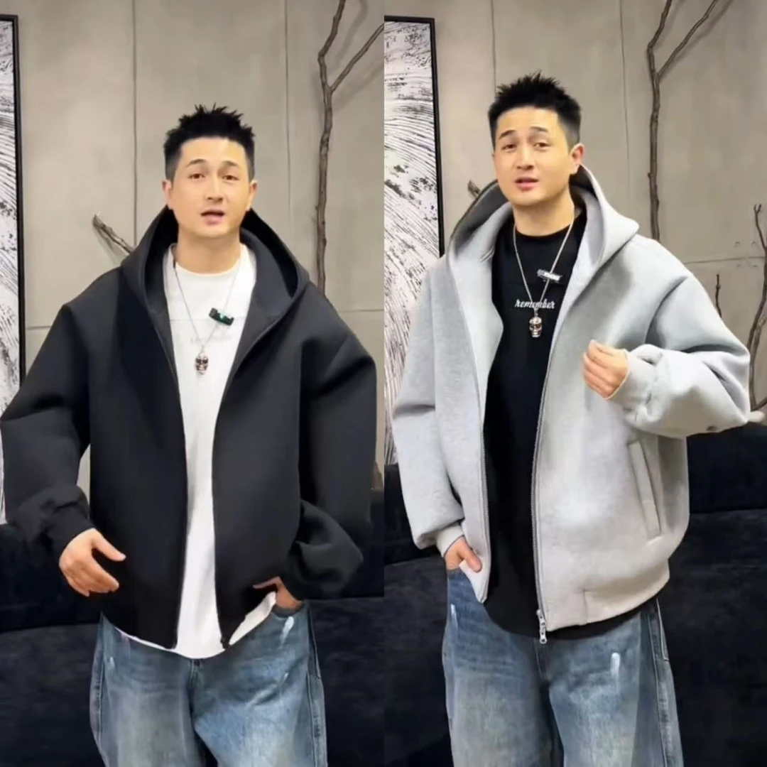 2025春秋新款韩版纯色个性双拉链卫衣男宽松极简时尚休闲连帽开衫