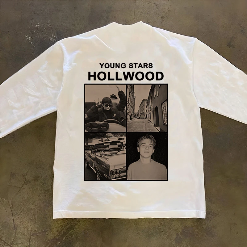 秋季重磅纯棉宽松时尚印花上衣美式嘻哈复古圆领螺口长袖T恤男款