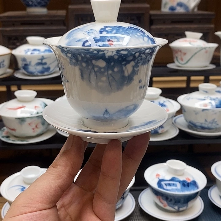 手绘茶具荷花盖碗