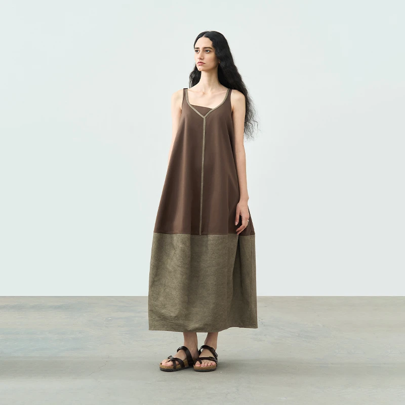 半圆女装[文艺]2025夏季拼接V领宽松连衣裙女长裙灯笼裙25515581