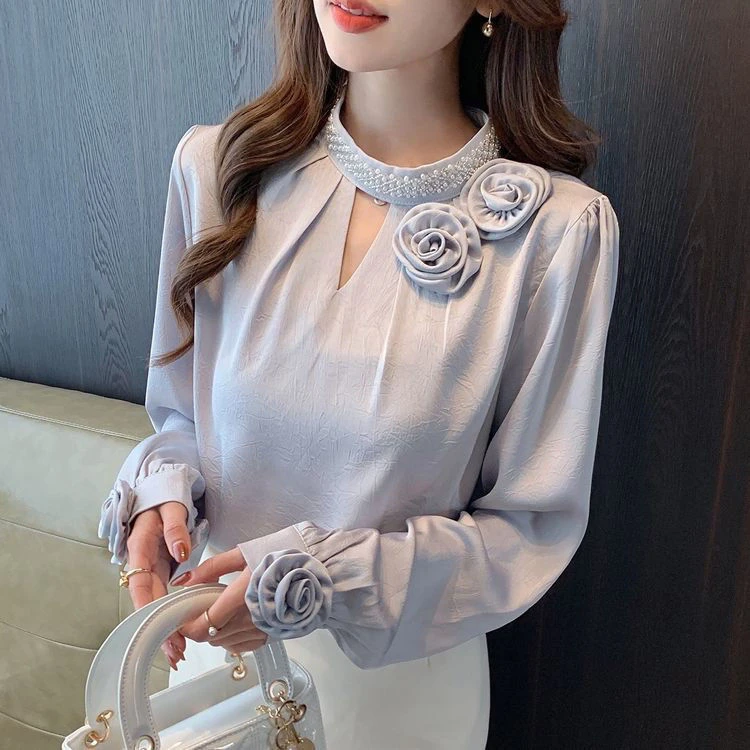 2025春秋季新款上衣时尚百搭立领钉珠花朵长袖压花长袖衬衫女上衣