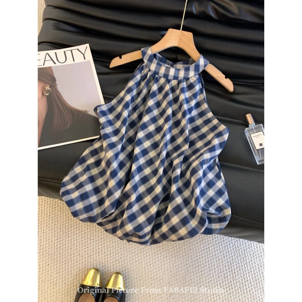 港味复古格子挂脖衬衫女2025夏季小个子花苞背心纯欲露肩无袖上衣