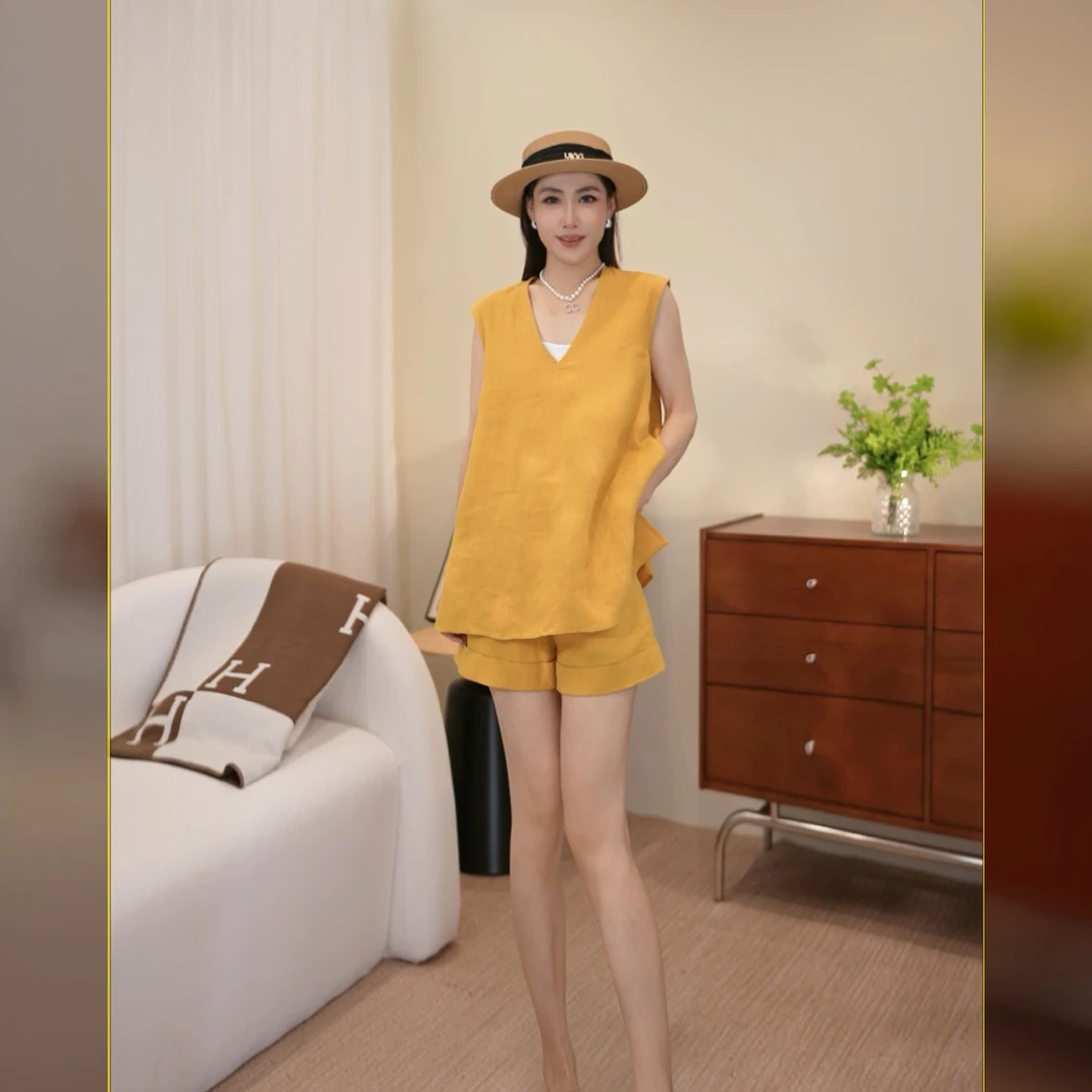 2025夏季亚麻老钱风宽松无袖上衣短款两件套JMS2521135