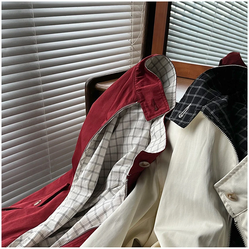 韩系时髦洋气小立领格子两面穿工装外套女春季薄款夹克