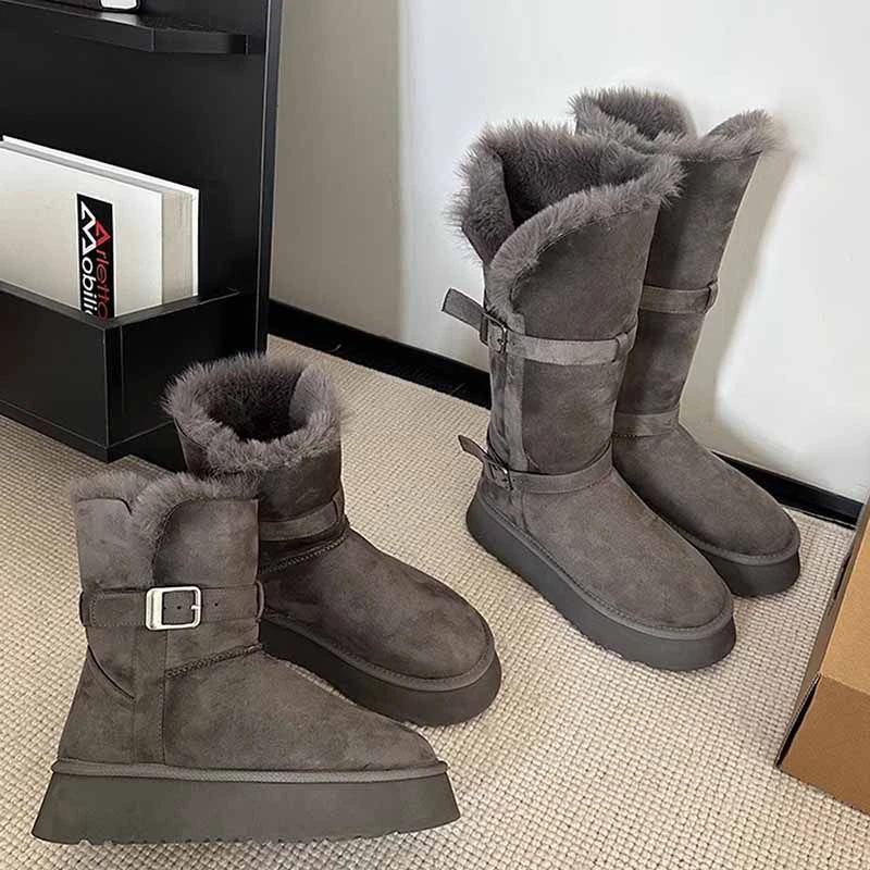 灰色厚底增高加绒加厚长筒雪地靴女冬季新款保暖防滑棉鞋