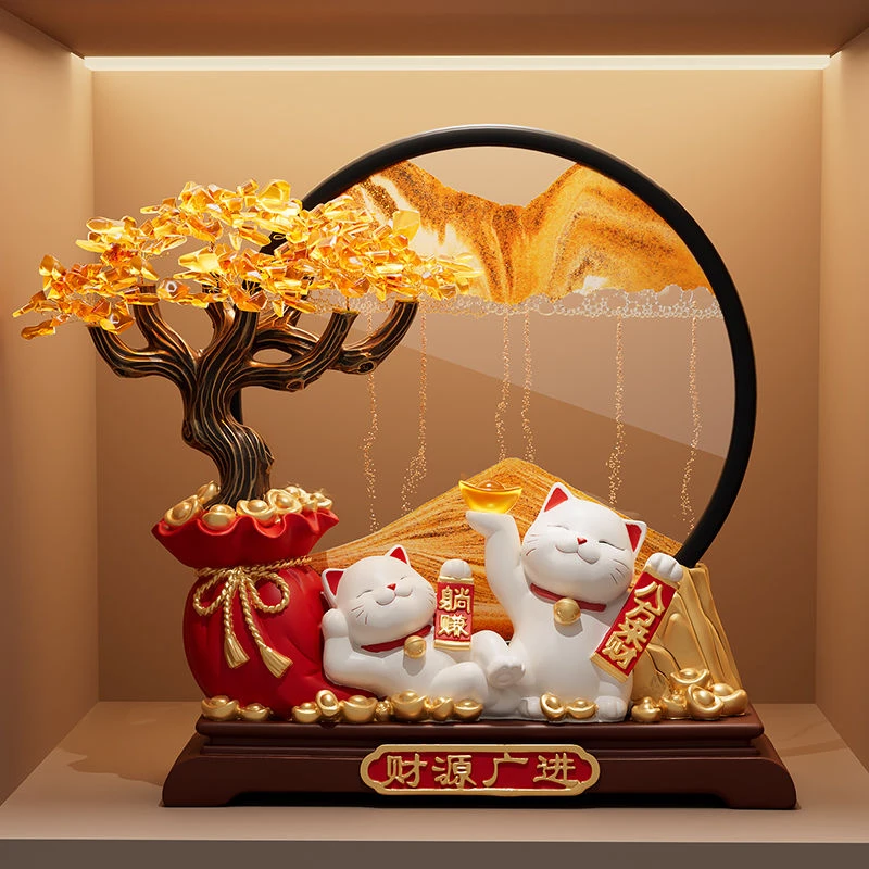 财源广进发财树招财猫流沙画摆件客厅店铺前台装饰品乔迁开业礼物