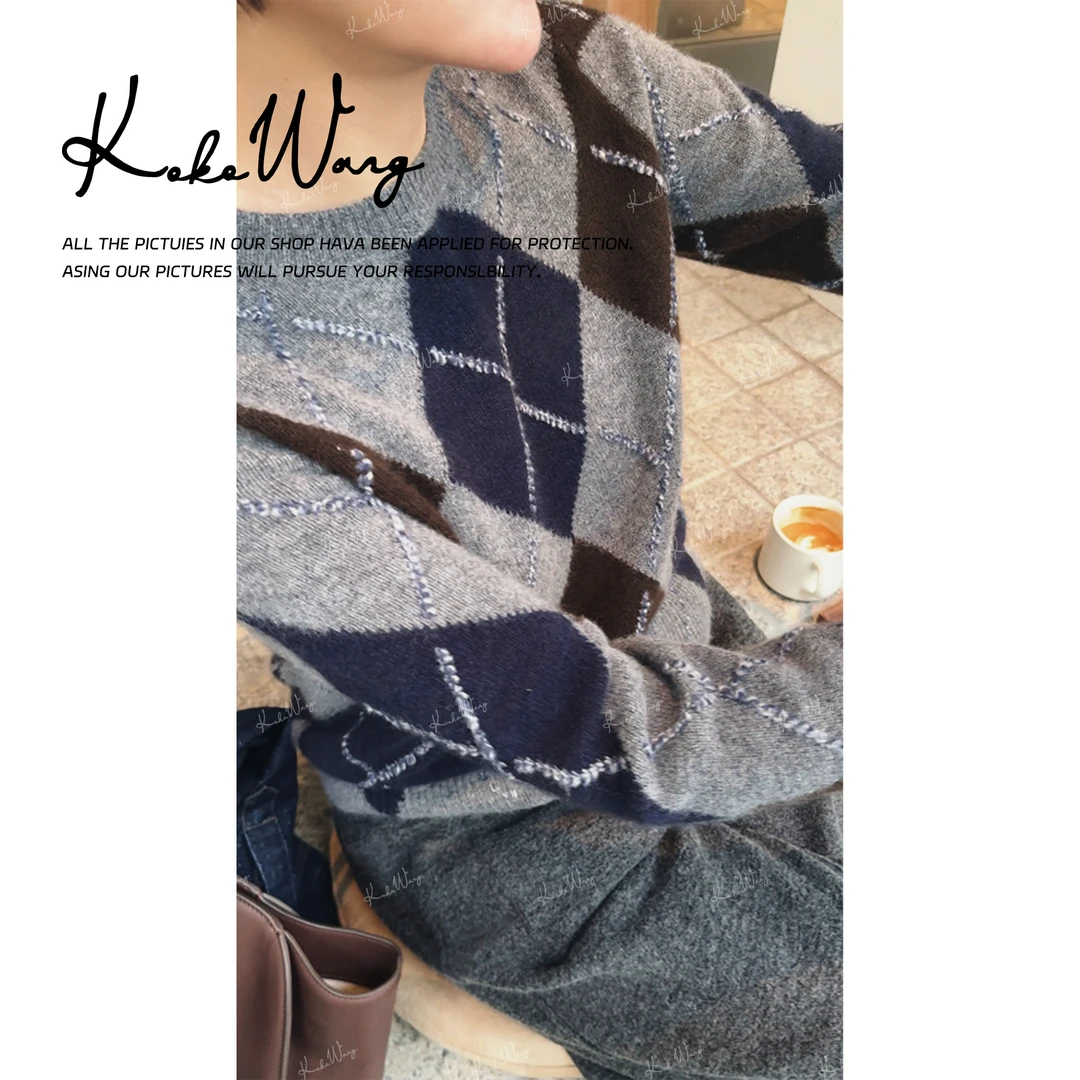 KOKOWANG【复古菱格】秋冬100山羊绒减龄撞色套头羊绒衫N7805J18Z50