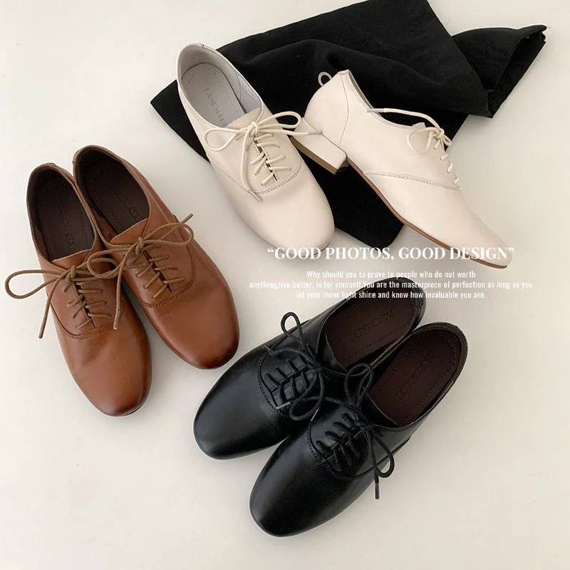 巨好穿舒适真皮圆头系带小皮鞋女中跟粗跟英伦风百搭深口复古单鞋