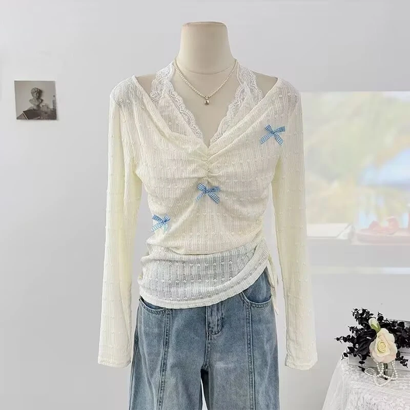 纯欲风蝴蝶结拼接蕾丝挂脖系带长袖T恤女春2025褶皱收腰修身