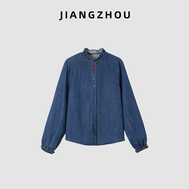 江洲【早羽】冬季新款荷叶边撞色爱心扣磨毛长袖牛仔减龄气质衬衣