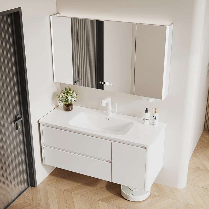 不锈钢奶油风烤漆卫生间一体陶瓷盆洗手脸盆防水防潮洗脸柜一体盆