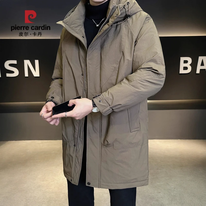 皮尔卡丹中长款男士羽绒服冬季2025新款连帽加厚高级感潮牌男冬装