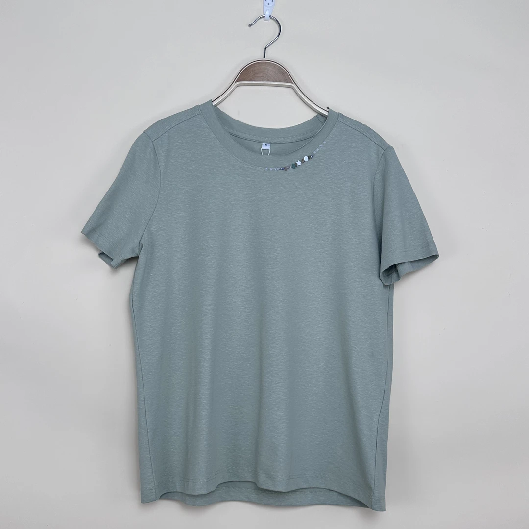 棉短袖T恤9421M阿俏老师自留X针织汉麻手工贝母简约短袖T恤