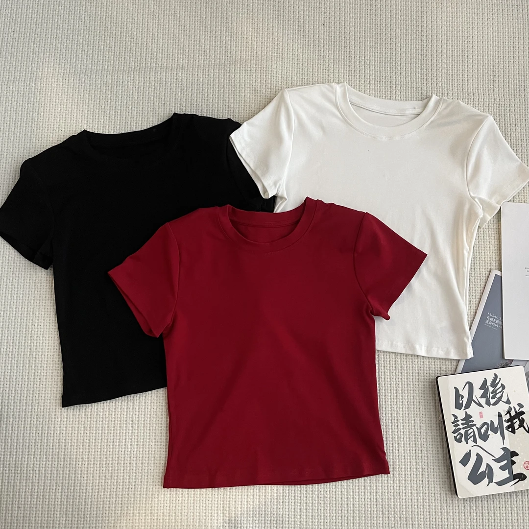 ［巧巧定制］新款韩版百搭修身显瘦女时尚纯色打底圆领短袖T恤 6413