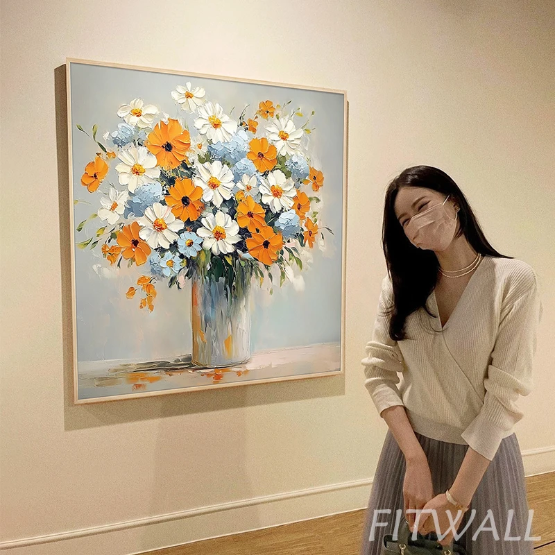 《幸福花束》奶油风手绘油画餐厅装饰画客厅玄关沙发背景墙装饰画