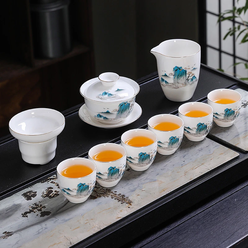 【羊脂玉】【十二件套】白瓷功夫茶具套装陶瓷盖碗整套茶具高档礼品