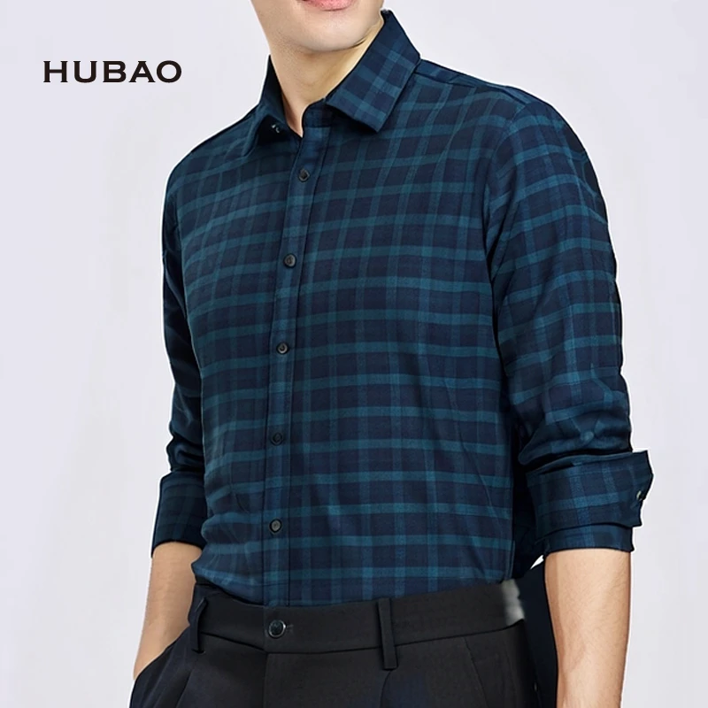 虎豹纯棉舒适格蓝男士长袖衬衫