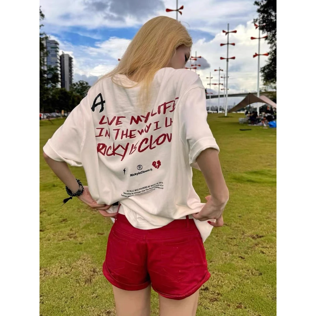 慵懒美式高街字母印花落肩t恤女夏季白色oversize设计感