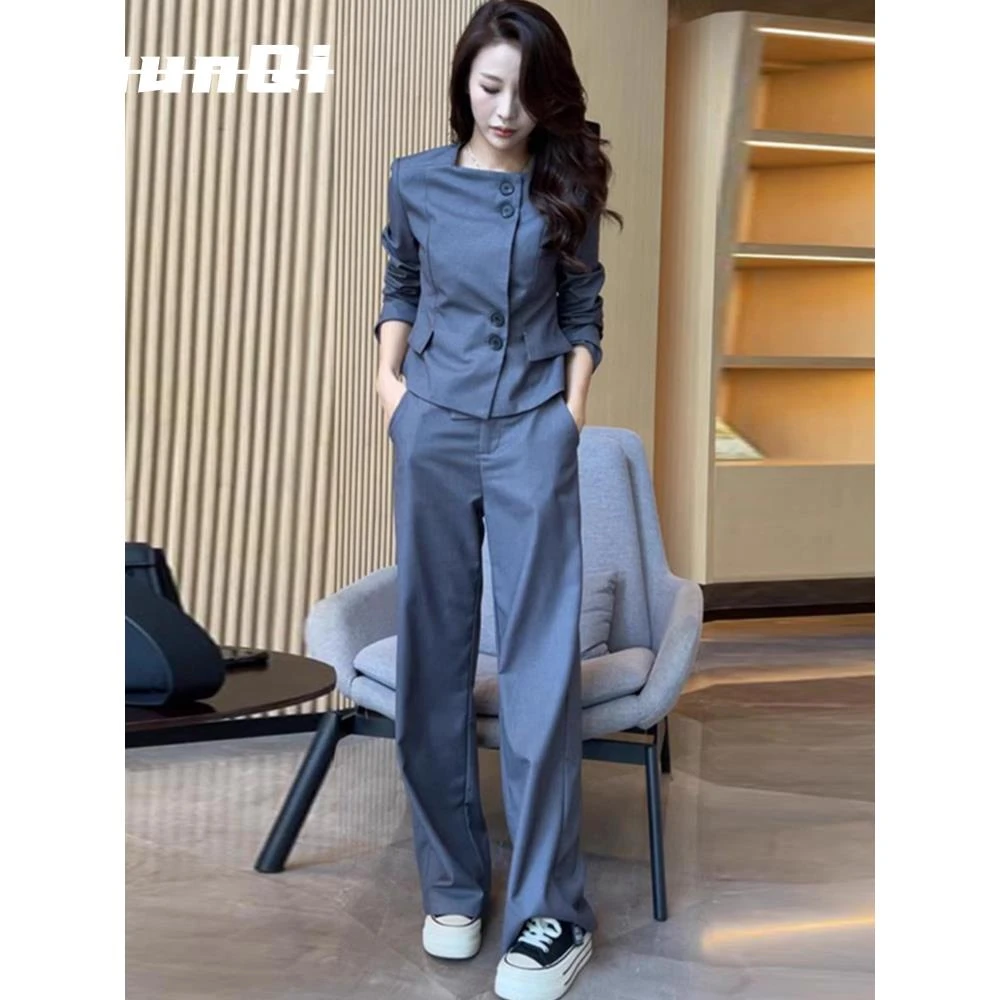 淳启时尚减龄职业套装春秋高级感气质西装外套高腰休闲宽裤两件套