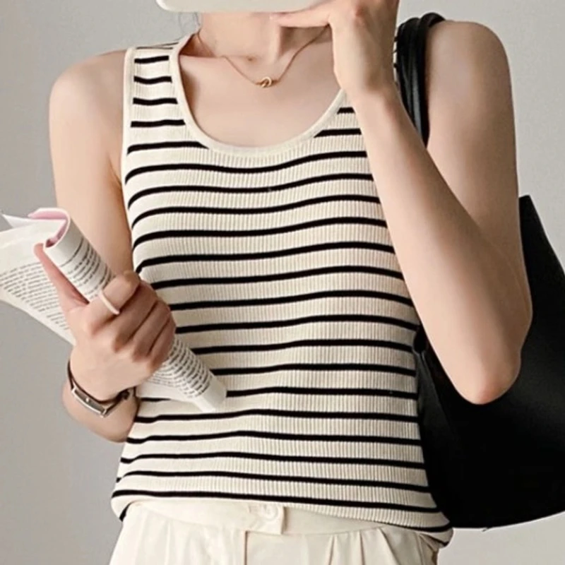 大码胖mm冰丝条纹针织背心U领工字型高弹力修身无袖吊带通勤打底