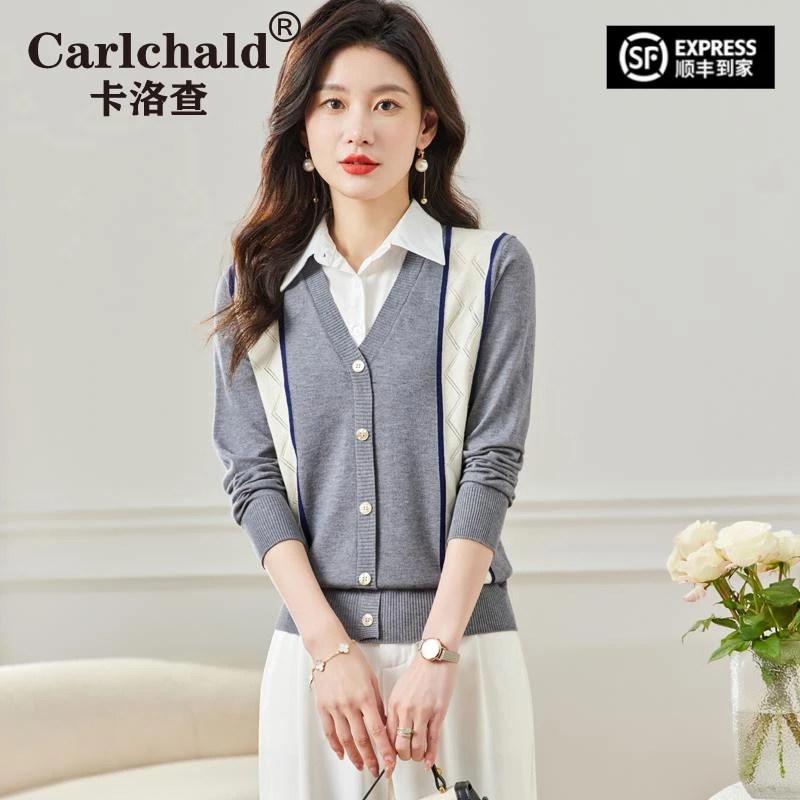 CARLCHALD卡洛查2025早秋新款女装假两件针织衫时尚洋派衬衫领毛