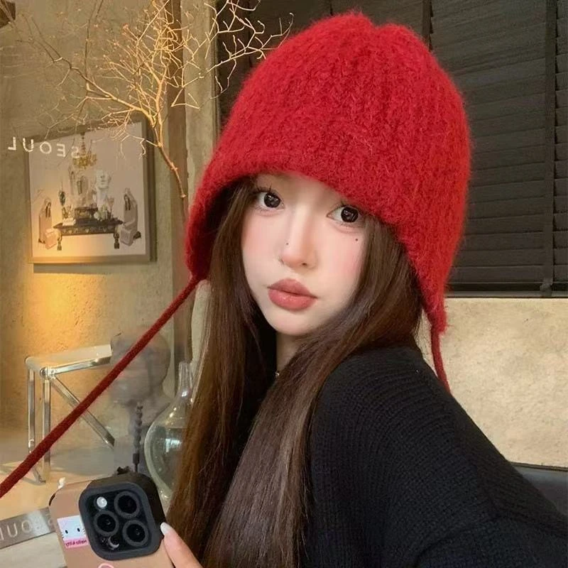 圣诞新年红色针织护耳帽子女秋冬季显脸小包头飞行帽可爱雷锋帽子