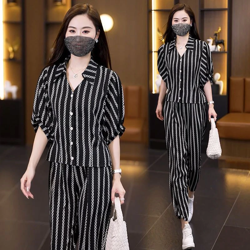 显气质时尚条纹套装女2025夏季新款洋气减龄宽松显瘦阔腿裤两件套