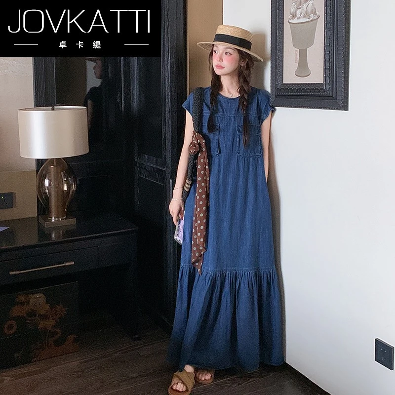 Jovkatti蓝色薄牛仔连衣裙女夏季2025新款宽松休闲复古气质松弛感