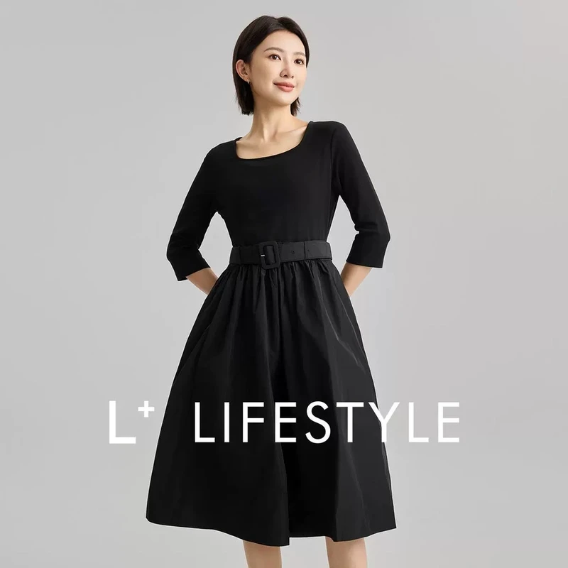 【谷邦L+ 】lifestyle 拼接U领中袖连衣裙 L3344046