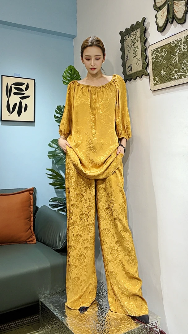 夏季气质优雅国风圆领套头上衣阔腿裤套装女时尚休闲复古