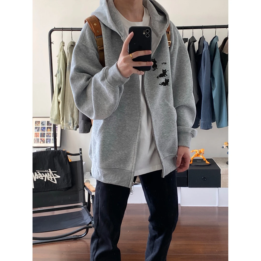 美式简约ins风小黑猫印花开衫连帽卫衣男女秋冬季休闲拉链外套潮