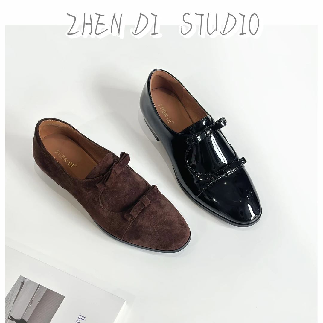 臻弟ZHENDI/新款设计师款气质英伦风女鞋棕色双蝴蝶结单鞋GSD1241