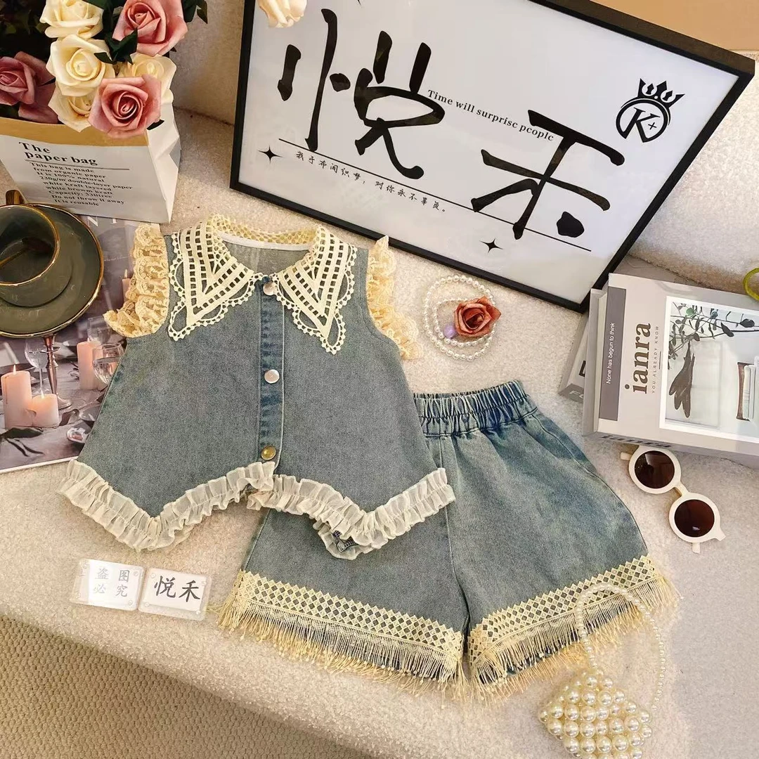 T2新款韩版夏季女童时尚女宝蓝色儿童休闲洋气牛仔复古套装80284