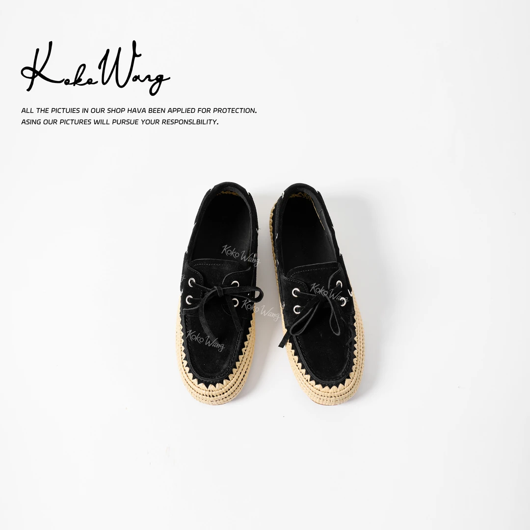 KOKOWANG 小众设计款绒面草编拼接一脚蹬平底乐福鞋 551505F02X16