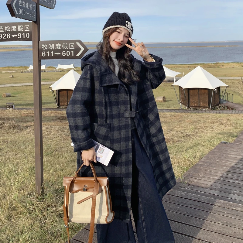 2025秋冬新款连帽双面羊绒大衣女长款韩版时尚宽松格子羊毛呢外套