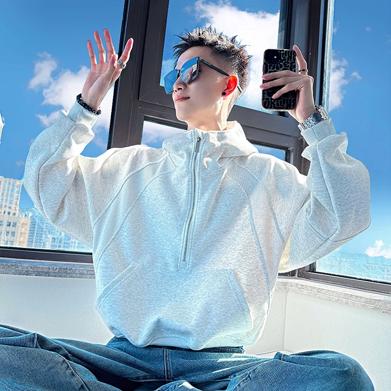 美式重磅撞色连帽卫衣男秋季新款宽松休闲外套bf慵懒风设计感上衣