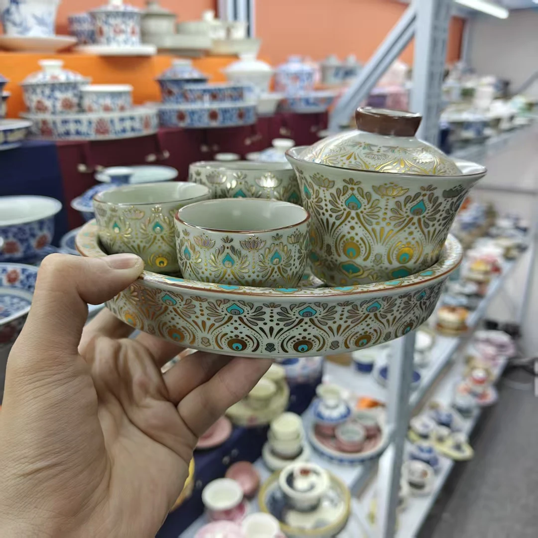 豆黄玉汝窑轻奢三才盖碗高档功夫茶具套装杯0972