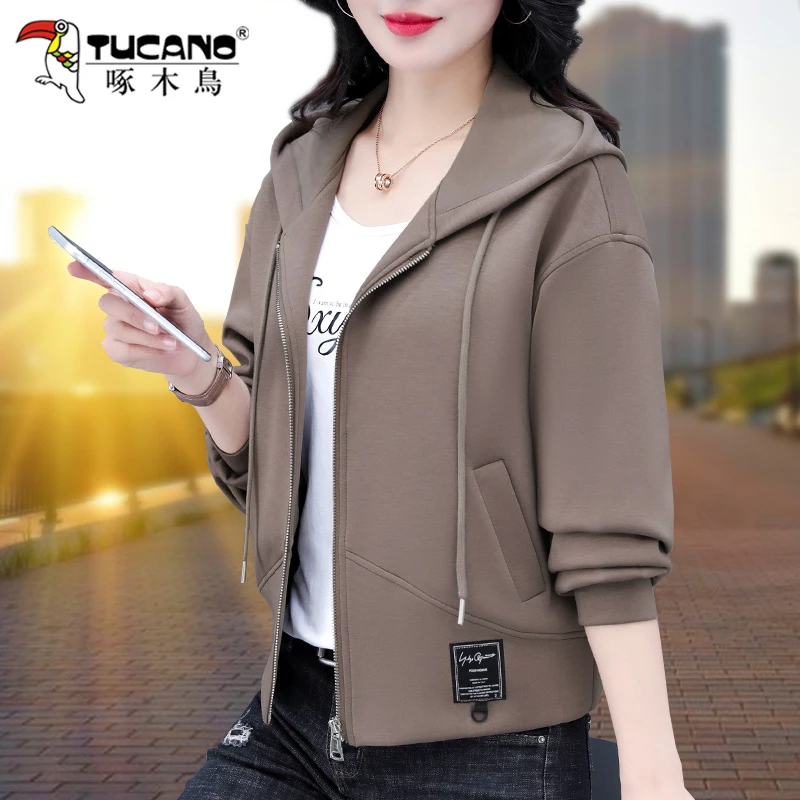 啄木鸟卫衣拉链外套女春秋2025新款妈妈洋气宽松连帽休闲运动上衣