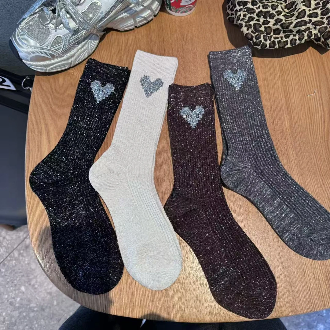 爱心烫钻韩版双针轻奢潮袜饰品潮袜时尚外穿高筒堆堆袜