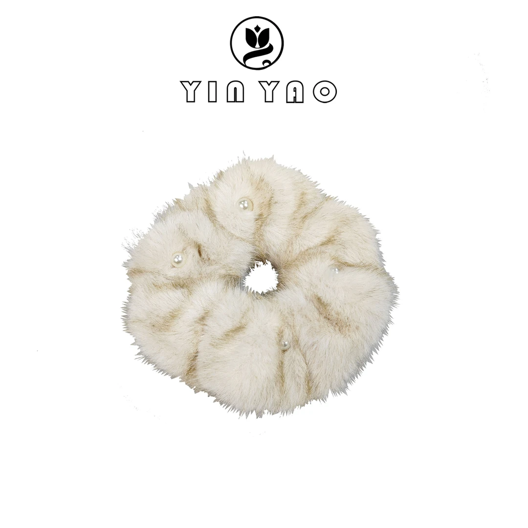 【YINYAO】原单设计珍珠獭兔毛毛绒发圈8274甜美气质白色可爱少女