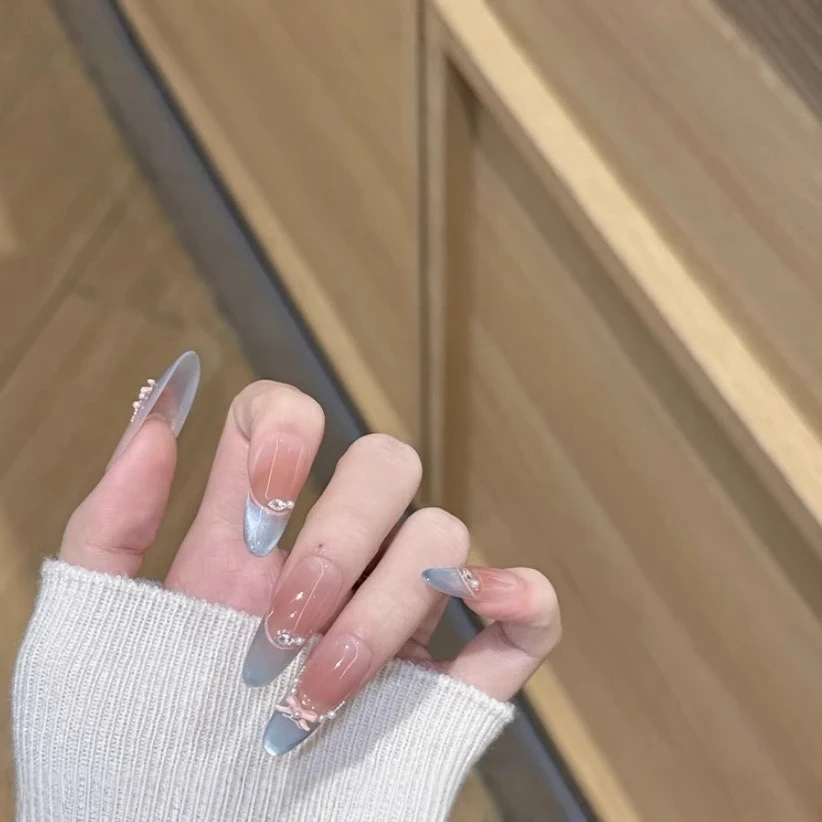 【蓝色精灵】猫眼法式中长款新款中长款新款琴岛穿戴甲甲片红色美甲