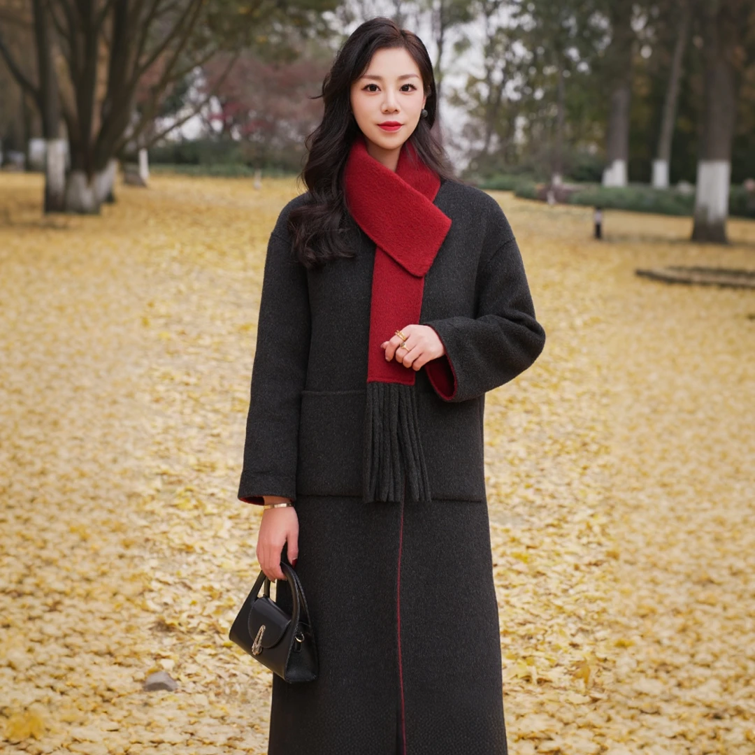2024新款原创设计师100%高织超细羊毛大衣中长款女士百搭时尚秋冬