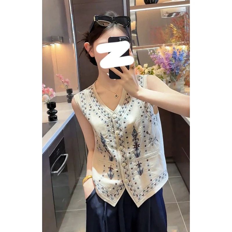 时尚套装重工刺绣V领气质马甲背心女夏季复古休闲裤阔腿裤两件套