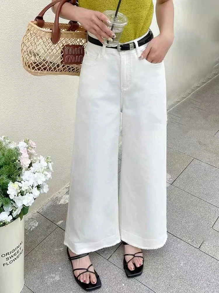 灰灰呀！668 CHAO级推荐！白色高腰下摆毛边阔腿牛仔裤