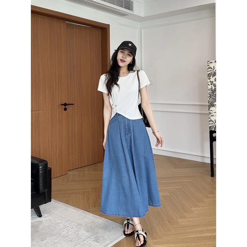 【现货】张阿星正肩收腰显瘦T+复古薄款牛仔色半裙  W425A07816